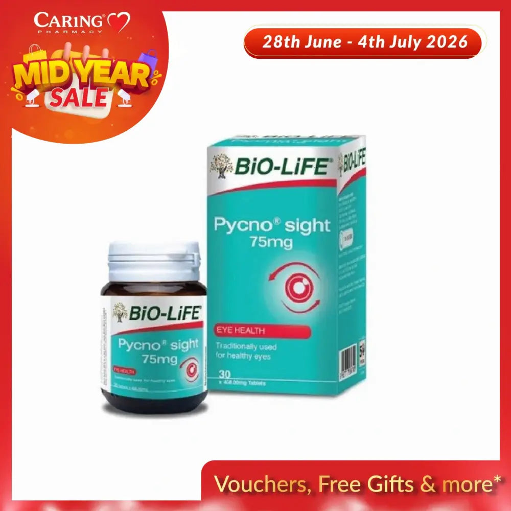 Bio-Life Pycnosight 75mg for eye health in a bottle and box packaging with health benefits