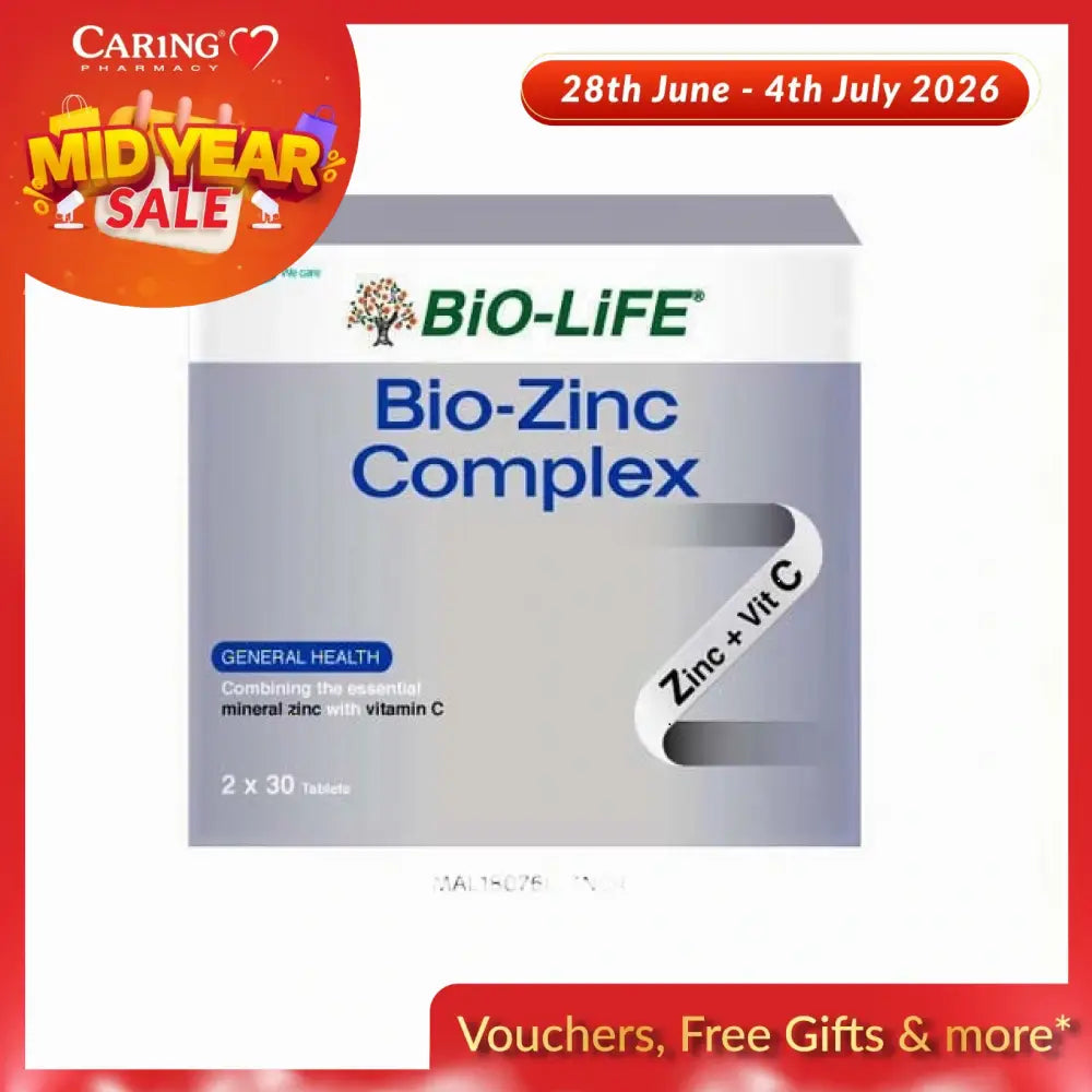 Bio-Life Bio-Zinc Complex tablets in box for general health with mineral zinc and vitamin C