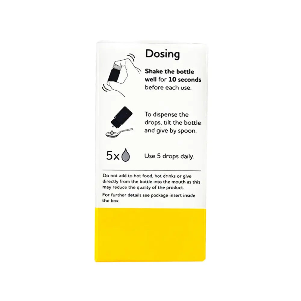 Dosing instructions for BioGaia probiotic drops 5ml with spoon dispensing guidance
