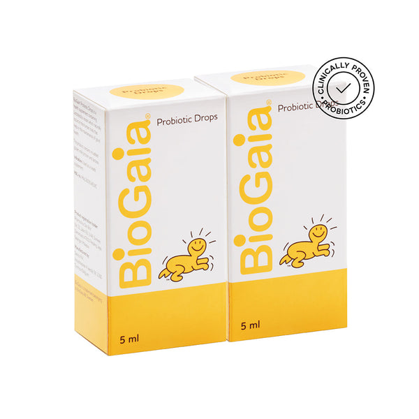 BioGaia probiotic drops twin pack featuring two 5 ml bottles for digestive health support
