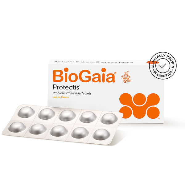 BioGaia probiotic tablets in lemon flavor, packed in a blister and box for digestive health support