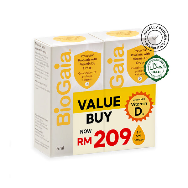 BioGaia probiotic with vitamin D3 drops in a value buy package of two 5ml bottles