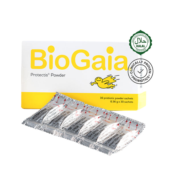BioGaia Protectis Powder 30 sachets with beneficial probiotics for digestive health in convenient packaging