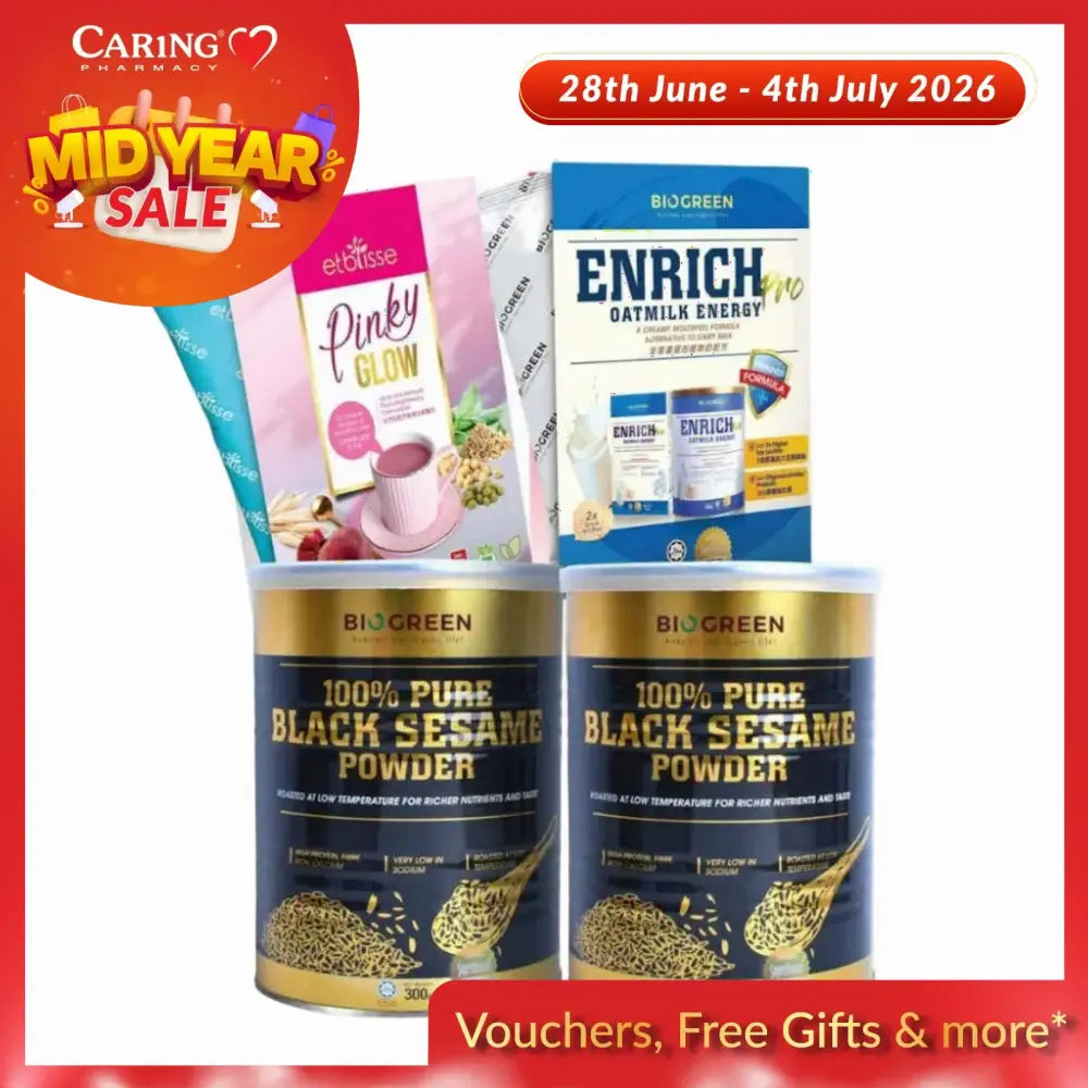 Assortment of health and wellness products including black sesame powder and Enrich oatmilk energy drinks with Caring Store branding.
