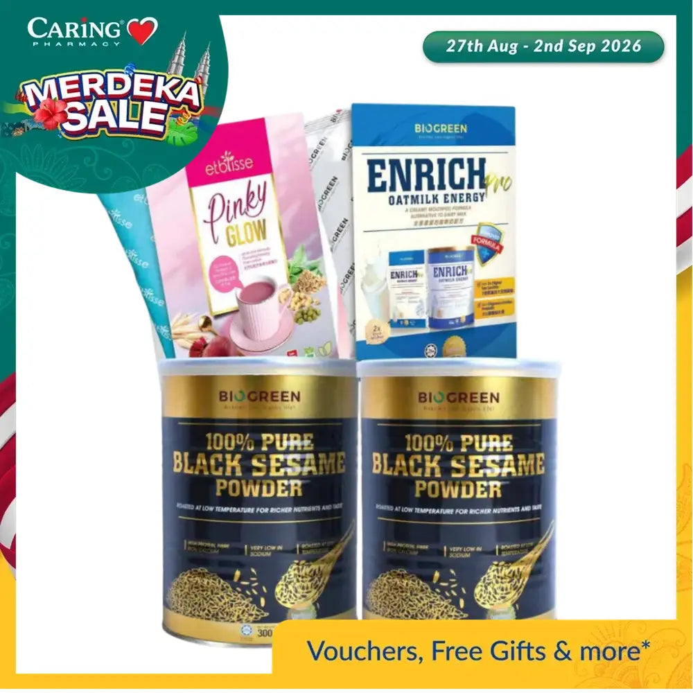 Assortment of health and wellness products including black sesame powder and Enrich oatmilk energy drinks with Caring Store branding.