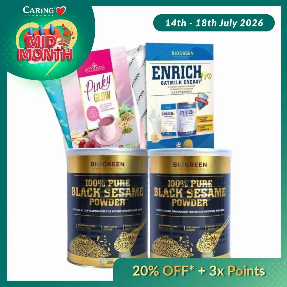 Assortment of health and wellness products including black sesame powder and Enrich oatmilk energy drinks with Caring Store branding.