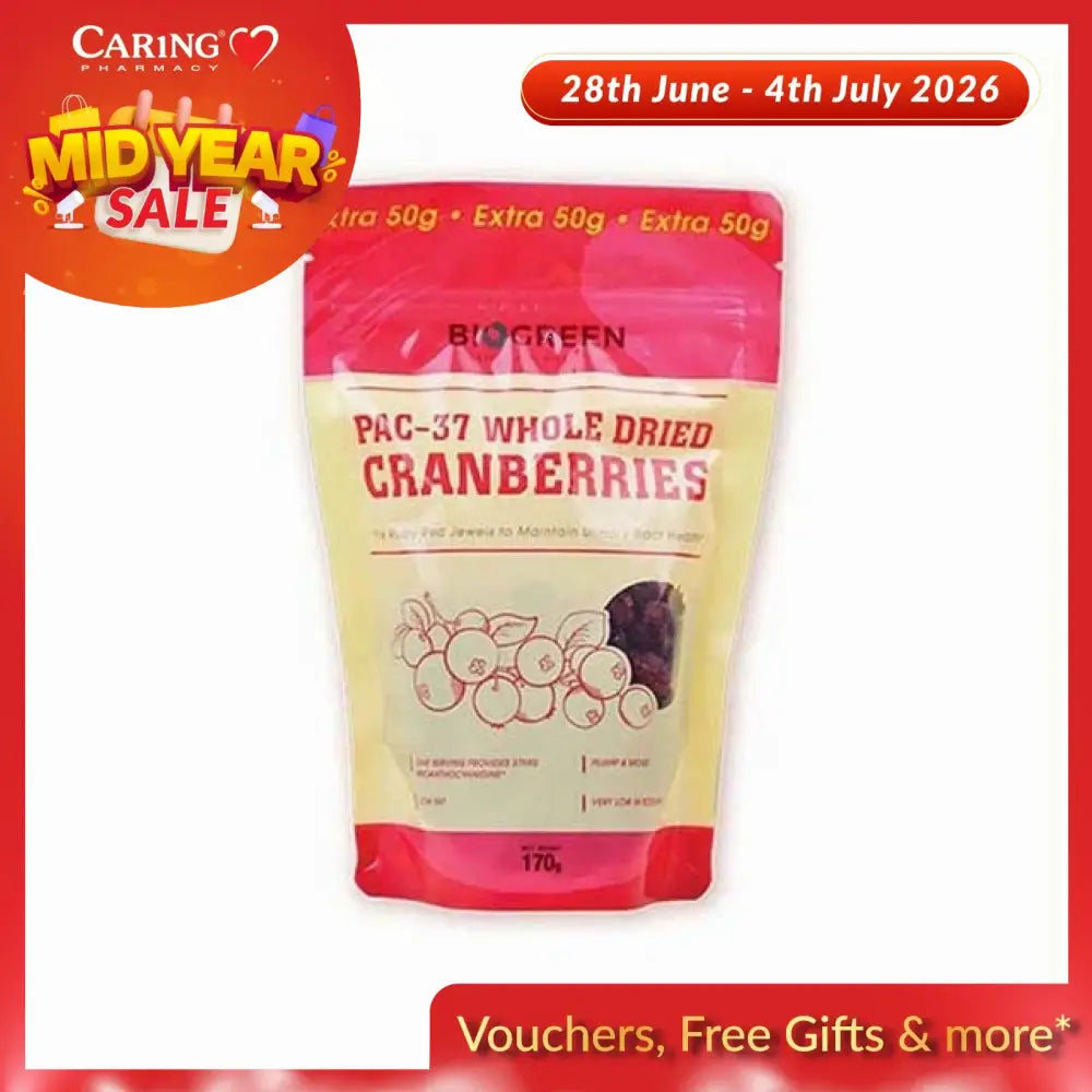 BIOGREEN PAC 37 WHOLE DRIED CRANBERRIES 170G