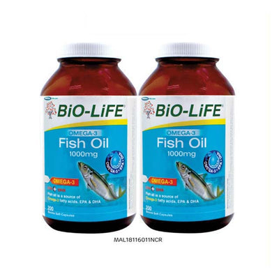 Two BIO-LIFE bottles showing Bio-Life Fish Oil 1000mg capsules omega 3 supplement 200 softgels