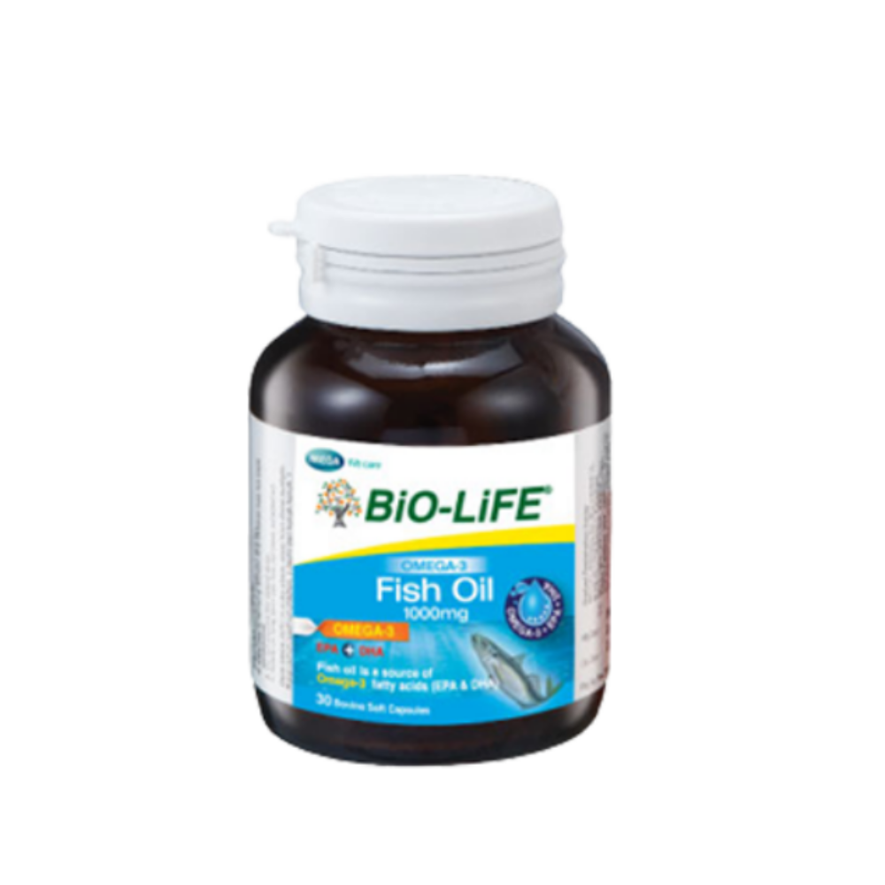 Bio-Life Omega-3 fish oil supplement bottle 1000mg softgels brown jar with white cap label