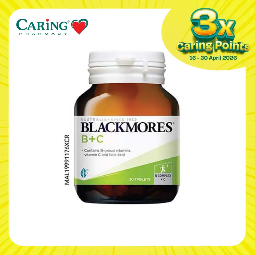 Blackmores B+C supplement Malaysia in a bottle containing 30 tablets for vitamin support