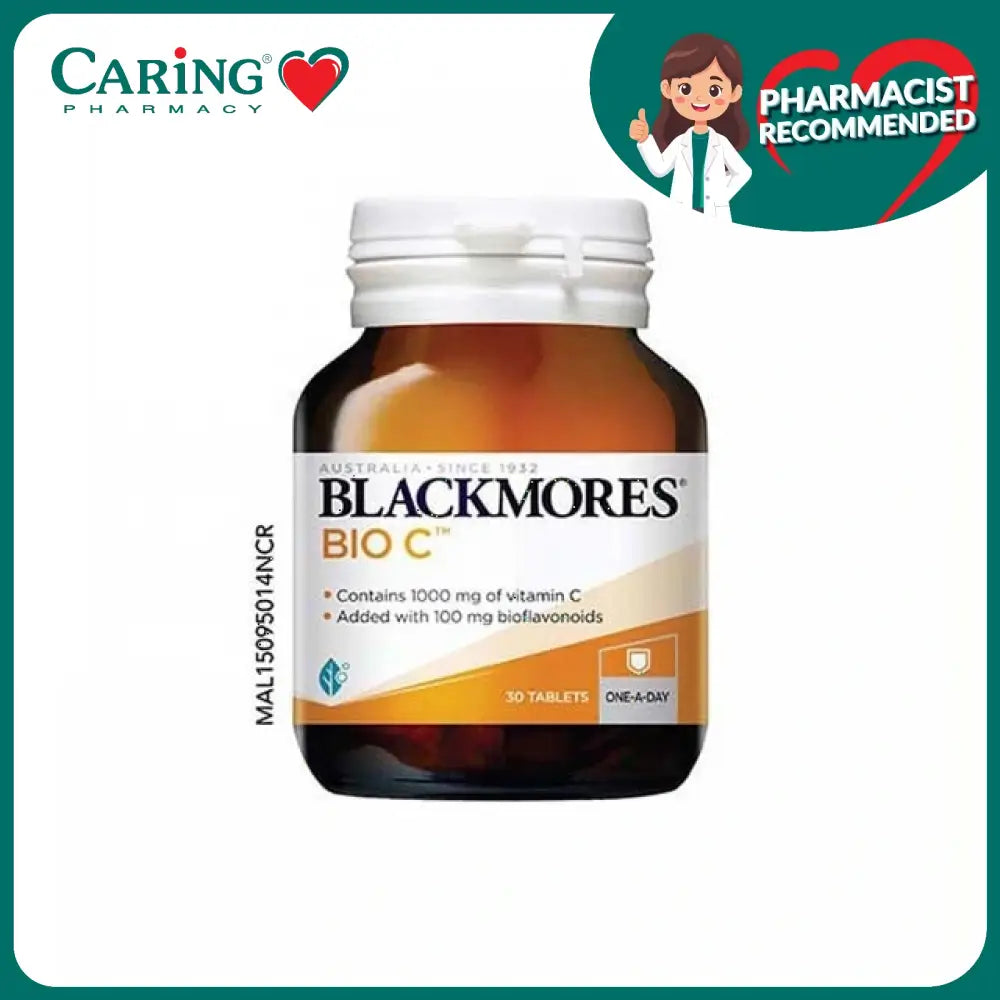 Blackmores Bio C 1000mg tablets in a bottle, providing vitamin C and bioflavonoids for immune support