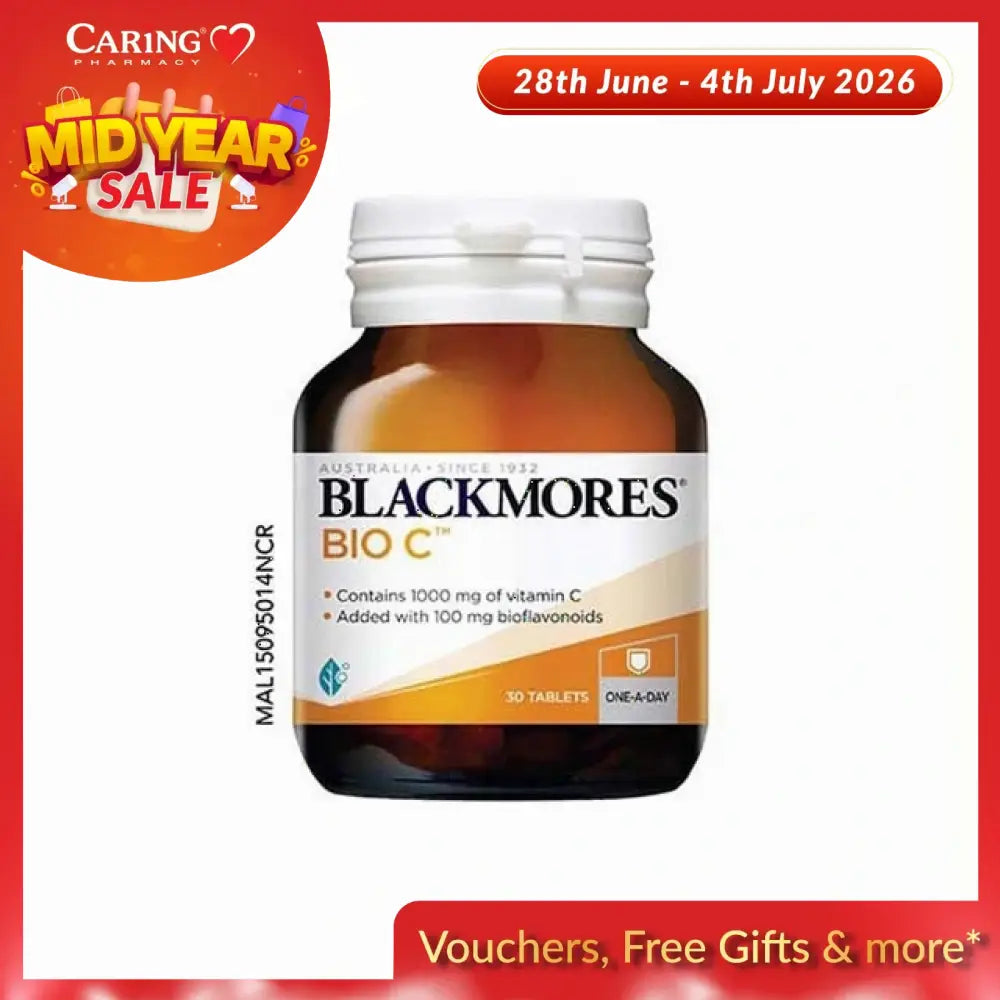 Blackmores Bio C 1000mg tablets in a bottle, providing vitamin C and bioflavonoids for immune support