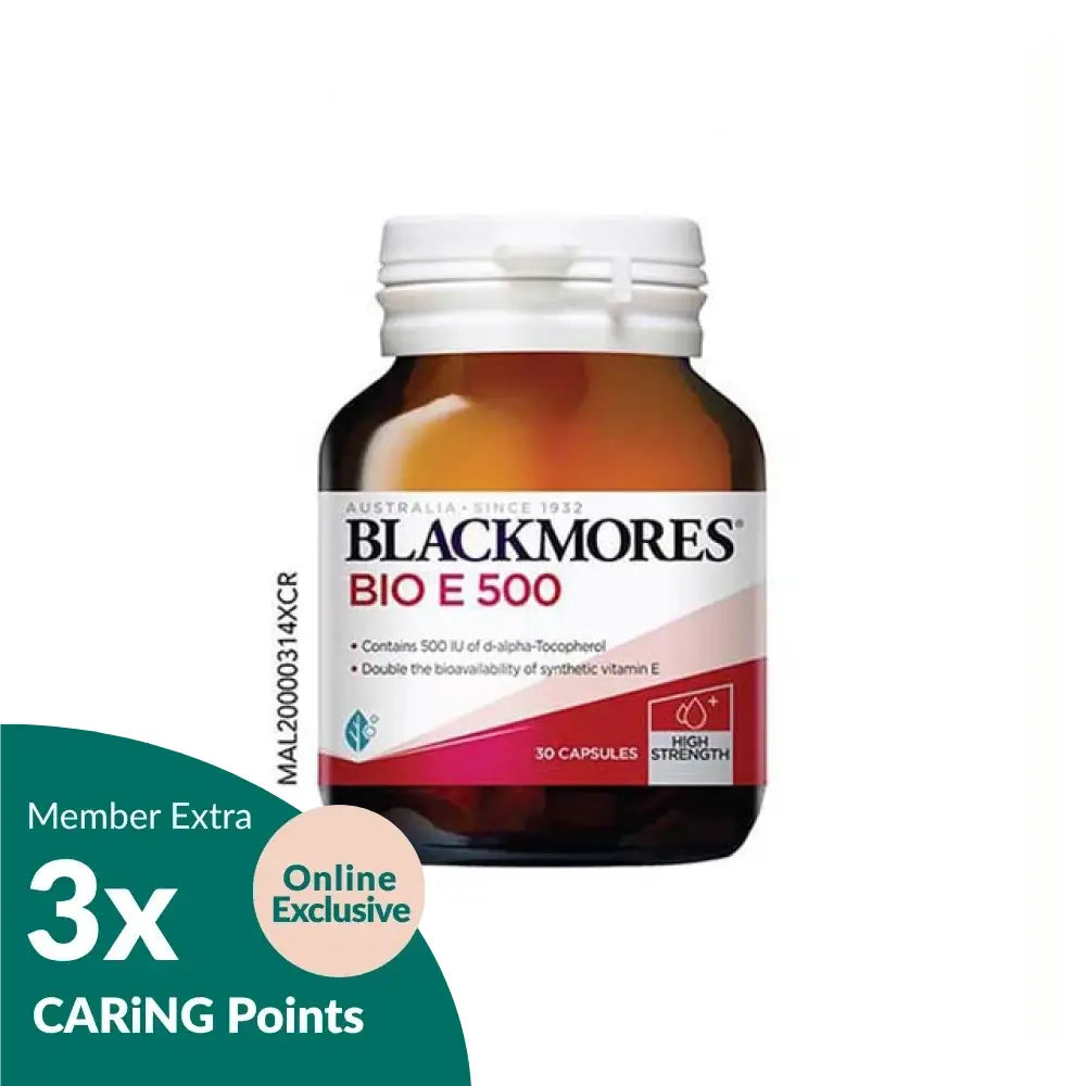 Blackmores Bio E 500IU capsules bottle containing 30 capsules for enhanced Vitamin E support