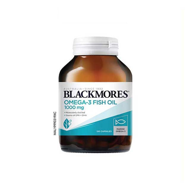 Blackmores Omega-3 Fish Oil 1000mg brown bottle with white cap and label showing 120 capsules