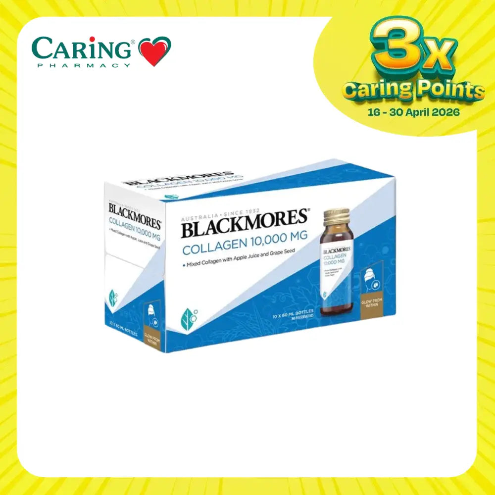 Blackmores Collagen 10000mg supplement in a box with flavored apple juice and grape seed extract