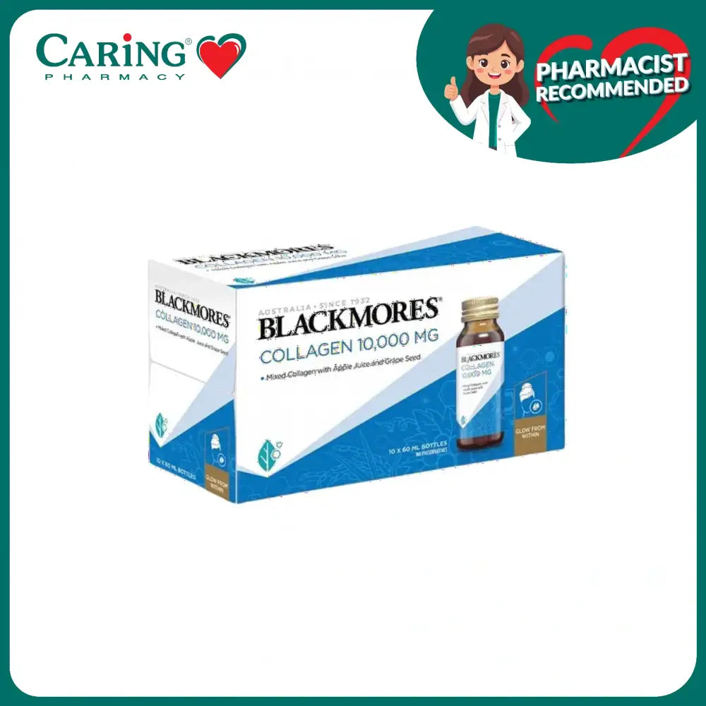 Blackmores Collagen 10000mg supplement in a box with flavored apple juice and grape seed extract
