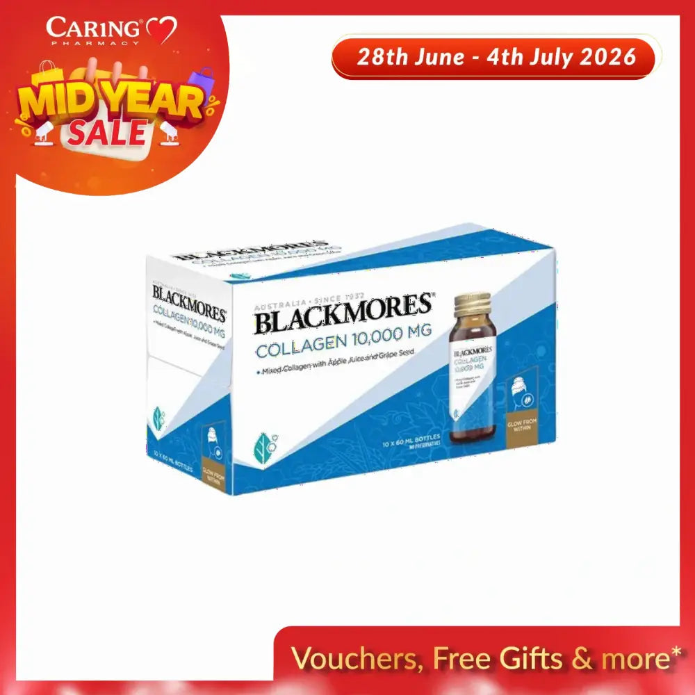 Blackmores Collagen 10000mg supplement in a box with flavored apple juice and grape seed extract