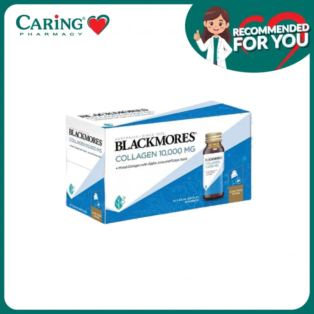 Blackmores Collagen 10000mg supplement in a box with flavored apple juice and grape seed extract