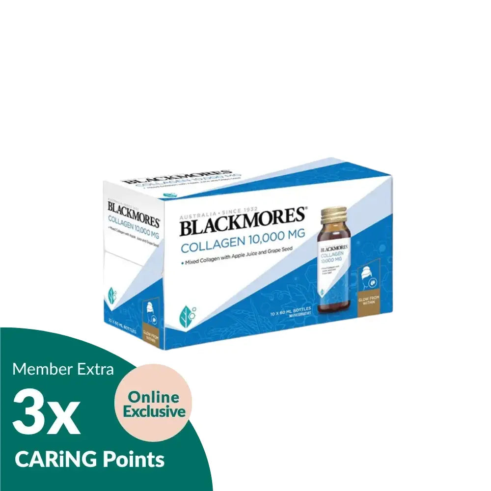 Blackmores Collagen 10000mg supplement in a box with flavored apple juice and grape seed extract