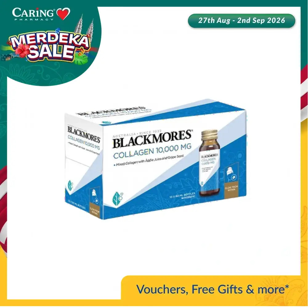 Blackmores Collagen 10000mg supplement in a box with flavored apple juice and grape seed extract