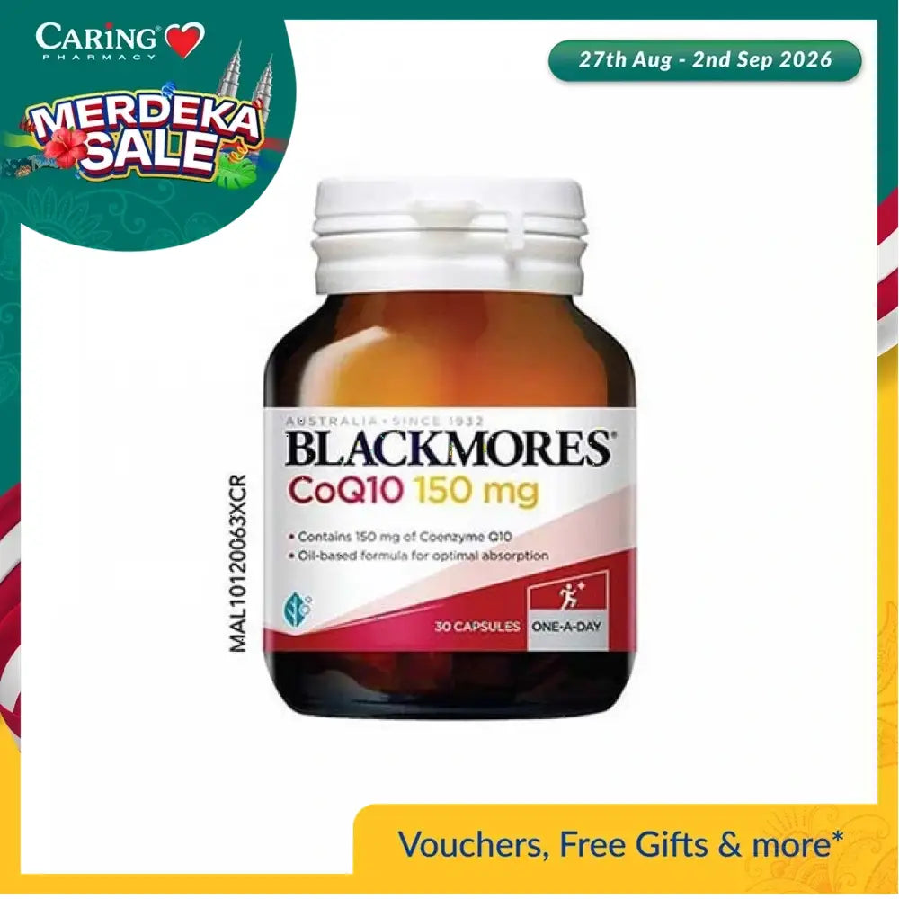 Blackmores CoQ10 150mg capsules in a brown bottle with a convenient 30-capsule supply