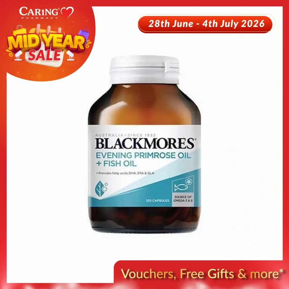 Amber bottle of Blackmores EPO + Fish Oil capsules evening primrose and fish oil supplement 120 capsules