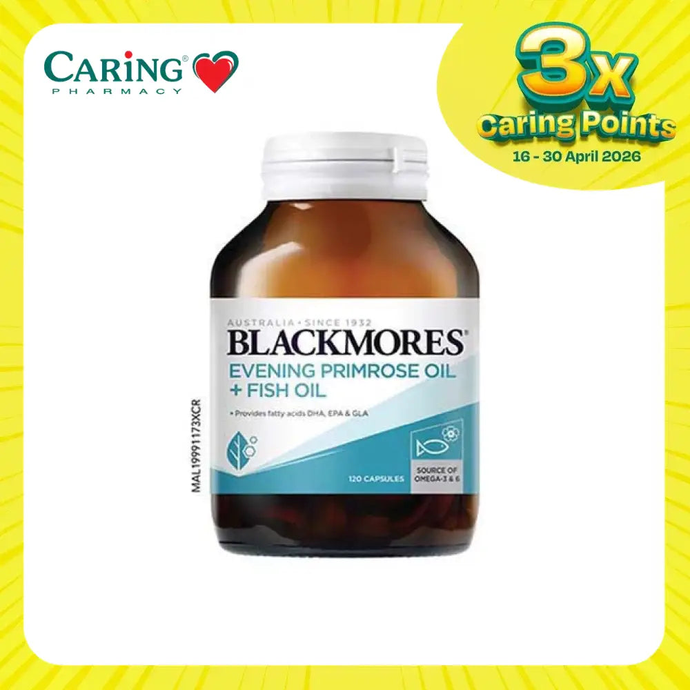 Amber bottle of Blackmores EPO + Fish Oil capsules evening primrose and fish oil supplement 120 capsules