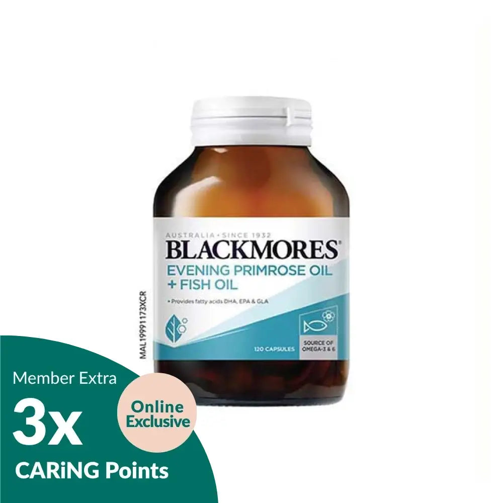 Amber bottle of Blackmores EPO + Fish Oil capsules evening primrose and fish oil supplement 120 capsules