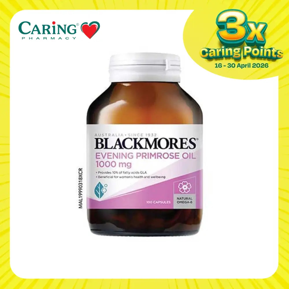 Blackmores evening primrose oil 1000mg supplement in a bottle of 100 capsules for women's health