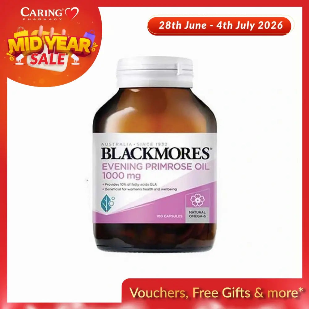 Blackmores evening primrose oil 1000mg supplement in a bottle of 100 capsules for women's health