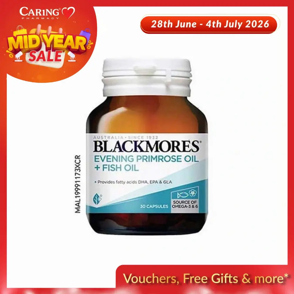 Blackmores evening primrose oil and fish oil capsules. Amber bottle of 30 omega 3 and GLA softgels