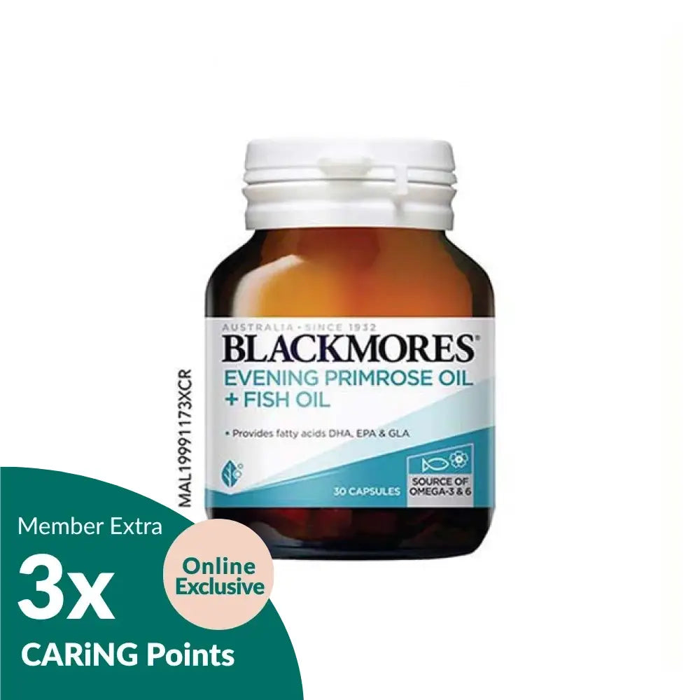 Blackmores evening primrose oil and fish oil capsules. Amber bottle of 30 omega 3 and GLA softgels