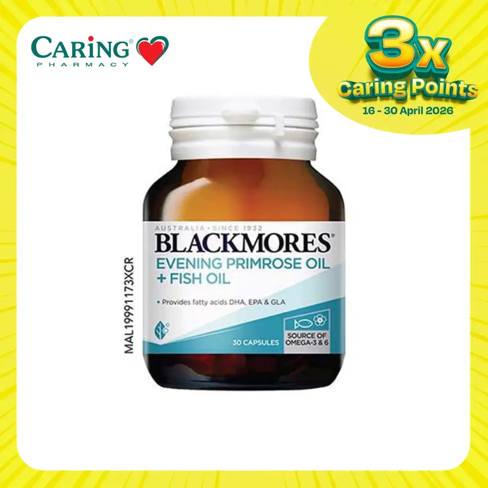 Blackmores evening primrose oil and fish oil capsules. Amber bottle of 30 omega 3 and GLA softgels