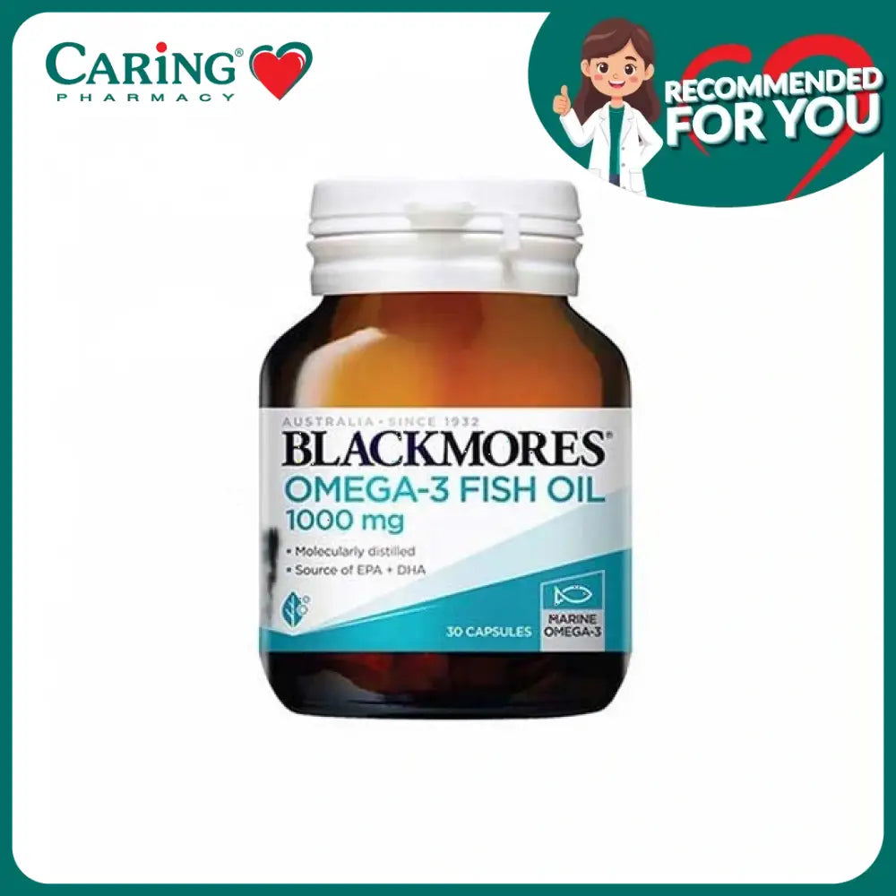 Blackmores fish oil 1000mg omega 3 supplement bottle 30 capsules brown jar with white cap