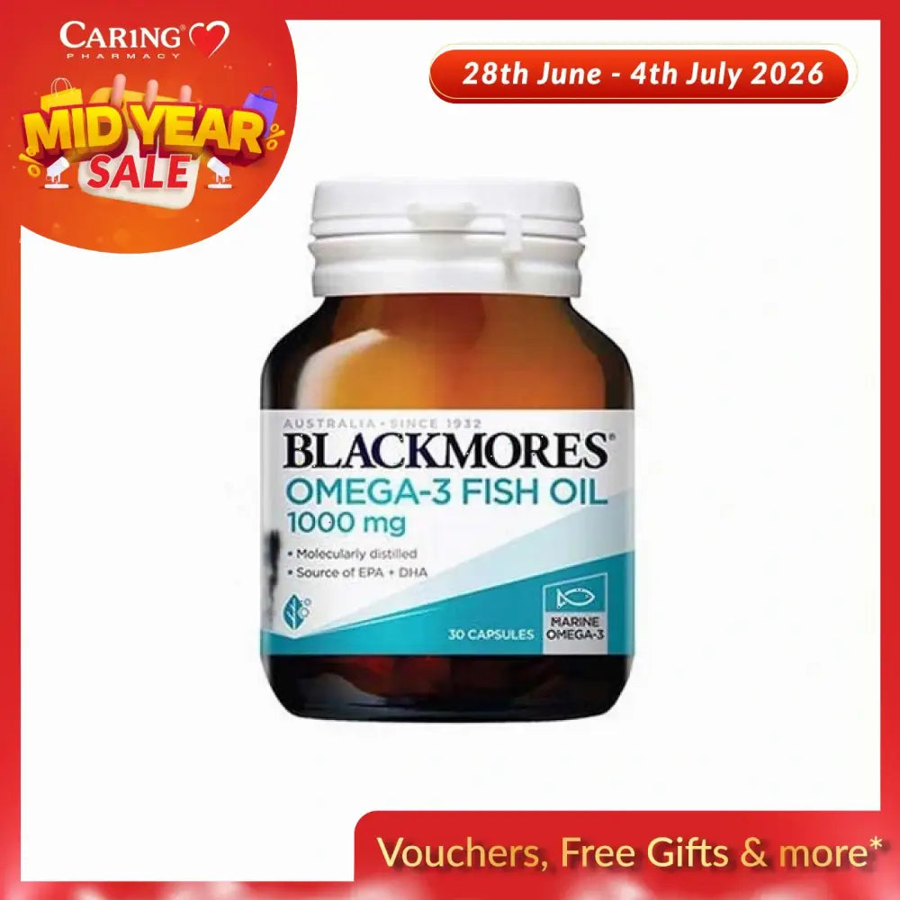 Blackmores fish oil 1000mg omega 3 supplement bottle 30 capsules brown jar with white cap