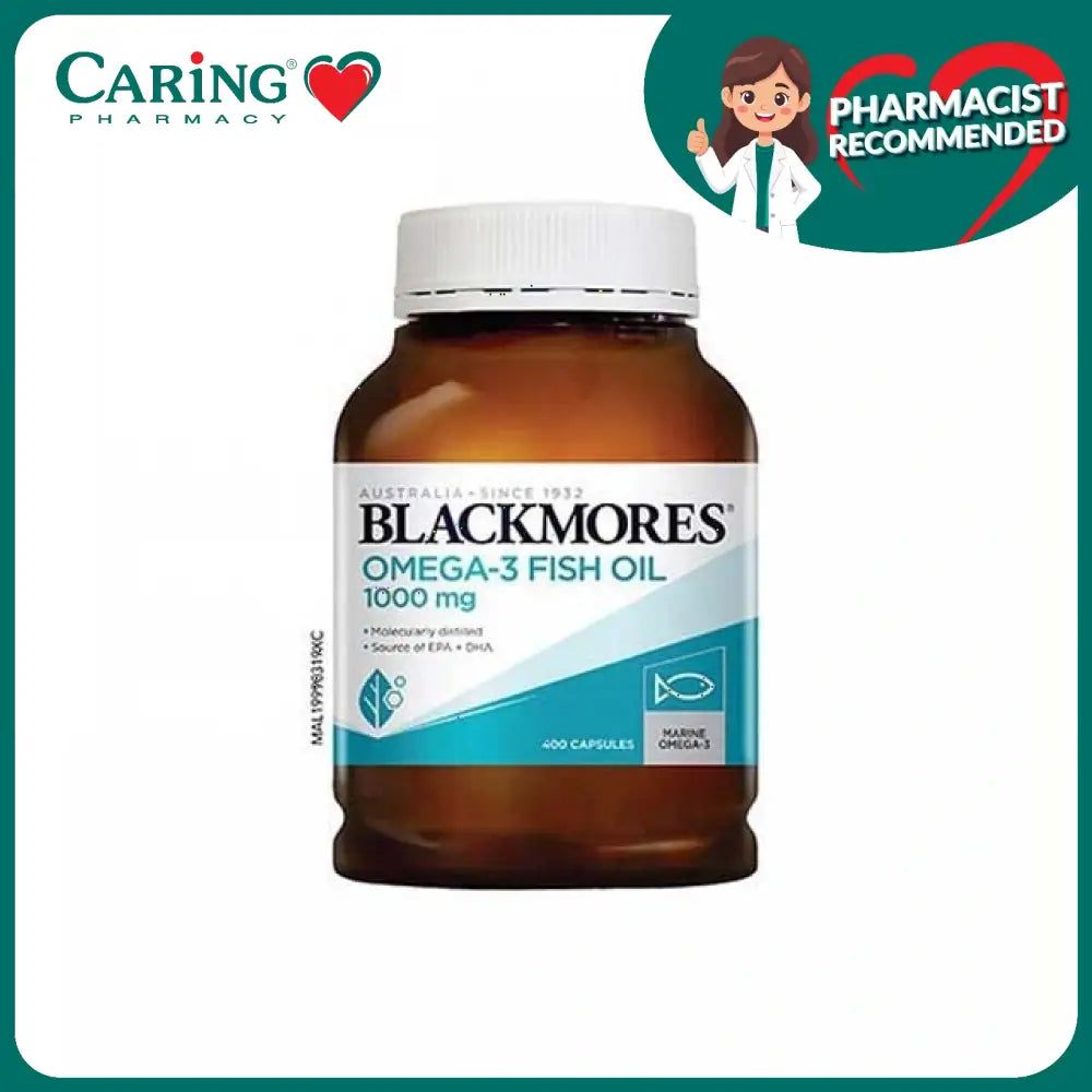 Blackmores fish oil 1000mg in a brown bottle with 400 omega-3 capsules for heart health