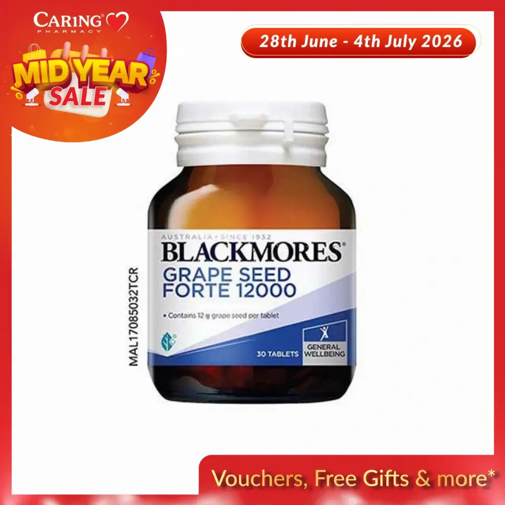 Blackmores Grape Seed Forte 12000 tablets in a bottle for general wellbeing and antioxidant support