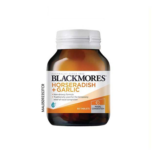 Blackmores Horseradish and Garlic tablets in a 60-tablet bottle for nasal congestion relief