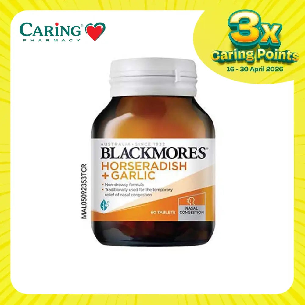 Blackmores Horseradish and Garlic tablets in a 60-tablet bottle for nasal congestion relief