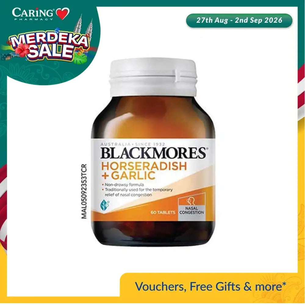 Blackmores Horseradish and Garlic tablets in a 60-tablet bottle for nasal congestion relief