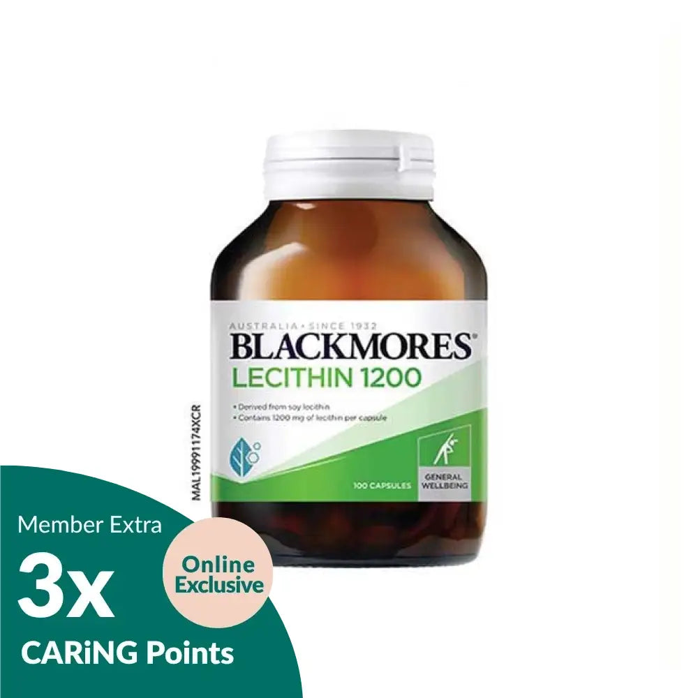 Blackmores Lecithin 1200mg supplements in a bottle with 100 capsules for general wellbeing