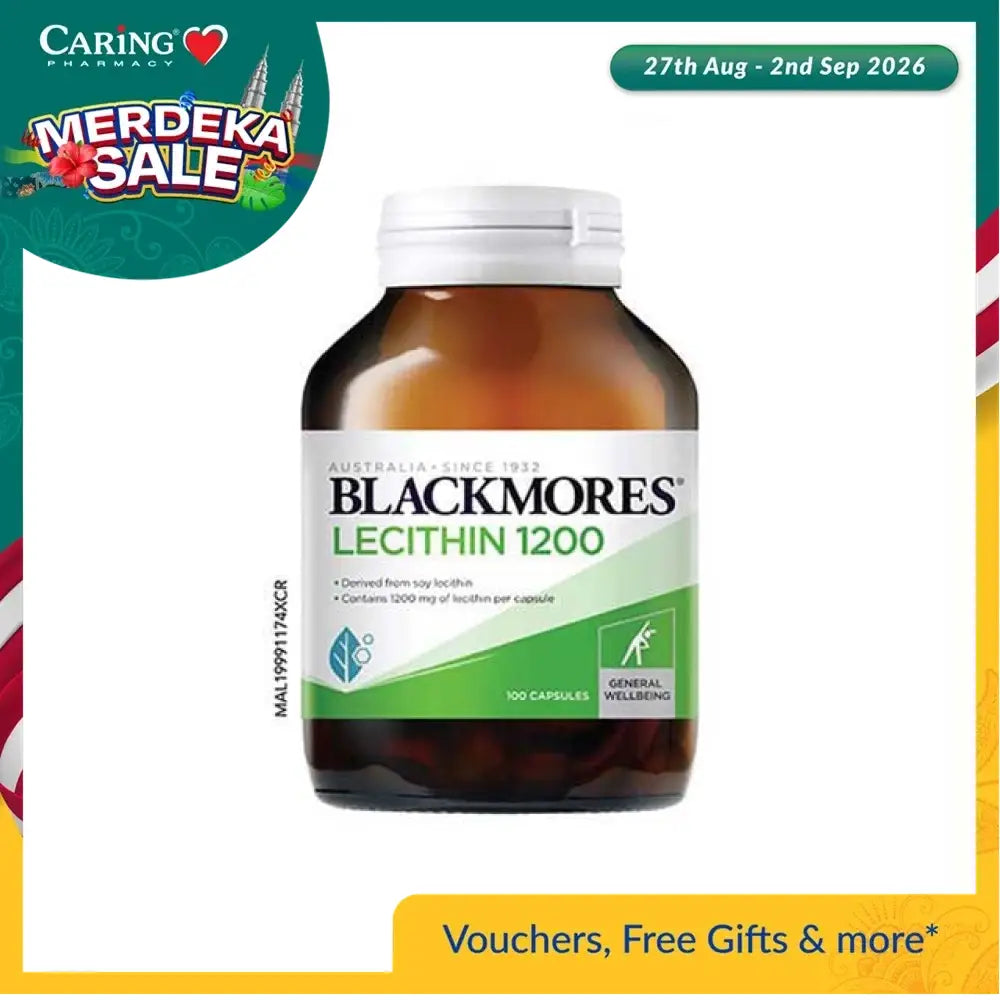 Blackmores Lecithin 1200mg supplements in a bottle with 100 capsules for general wellbeing