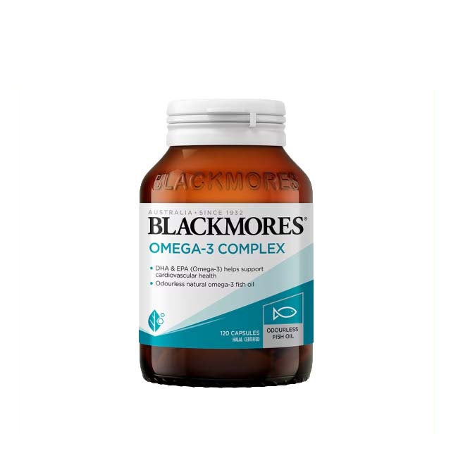 Blackmores Omega-3 Complex 120 capsules in a bottle, supports cardiovascular health with fish oil