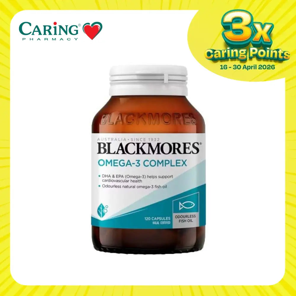 Blackmores Omega-3 Complex 120 capsules in a bottle, supports cardiovascular health with fish oil
