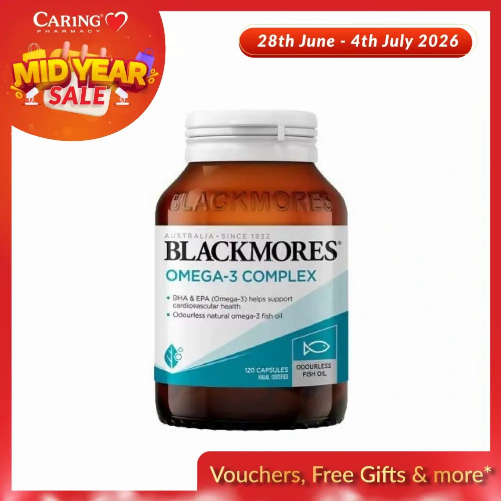 Blackmores Omega-3 Complex 120 capsules in a bottle, supports cardiovascular health with fish oil