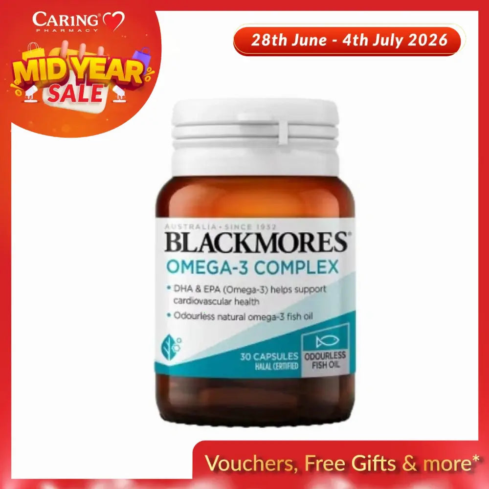 Blackmores Omega-3 Complex 30s capsules in a jar to support cardiovascular health