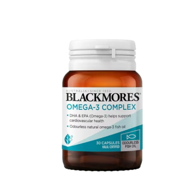 Blackmores Omega-3 Complex 30s capsules in a jar to support cardiovascular health