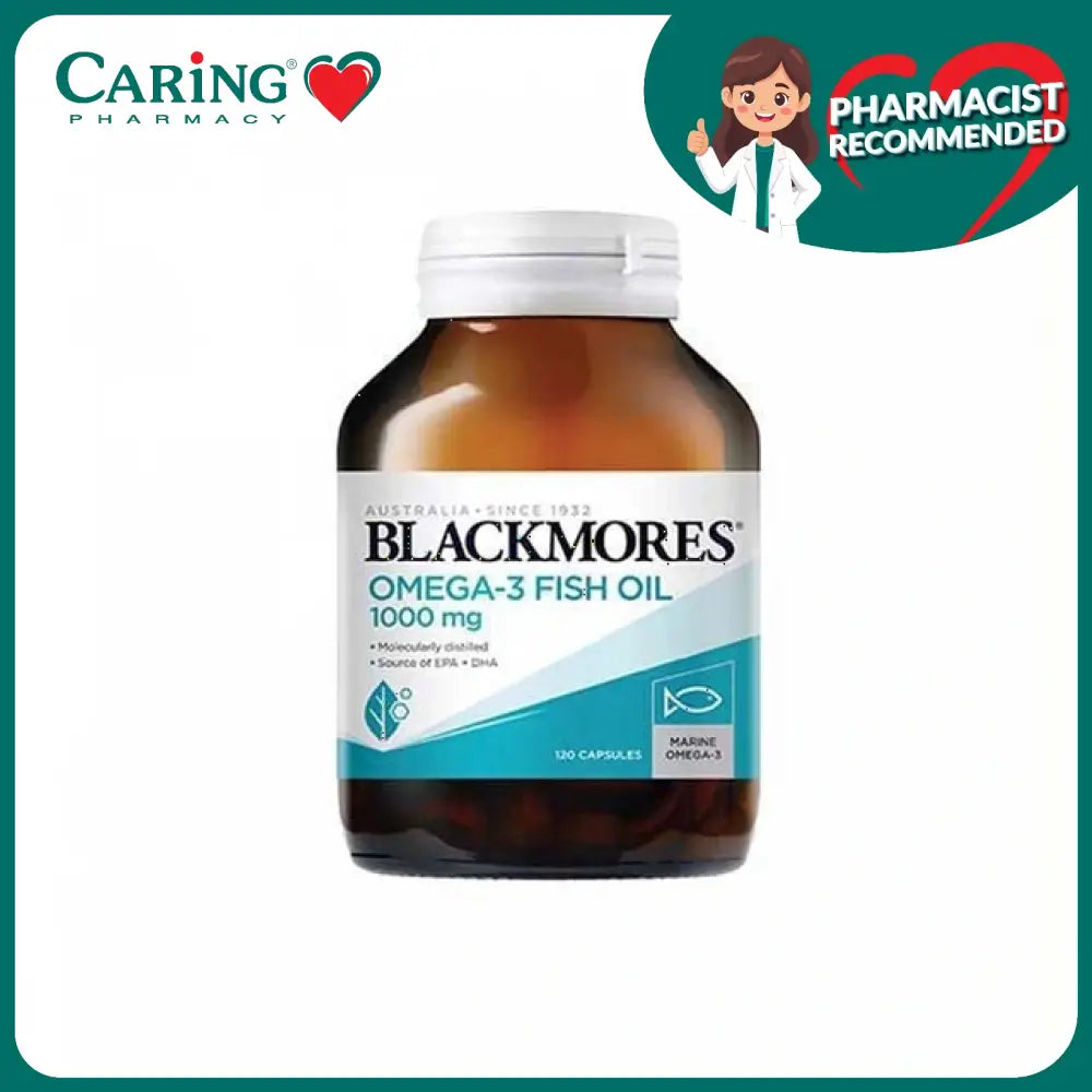 Blackmores Omega-3 Fish Oil 1000mg brown bottle with white cap and label showing 120 capsules