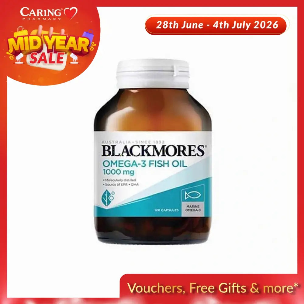 Blackmores Omega-3 Fish Oil 1000mg brown bottle with white cap and label showing 120 capsules