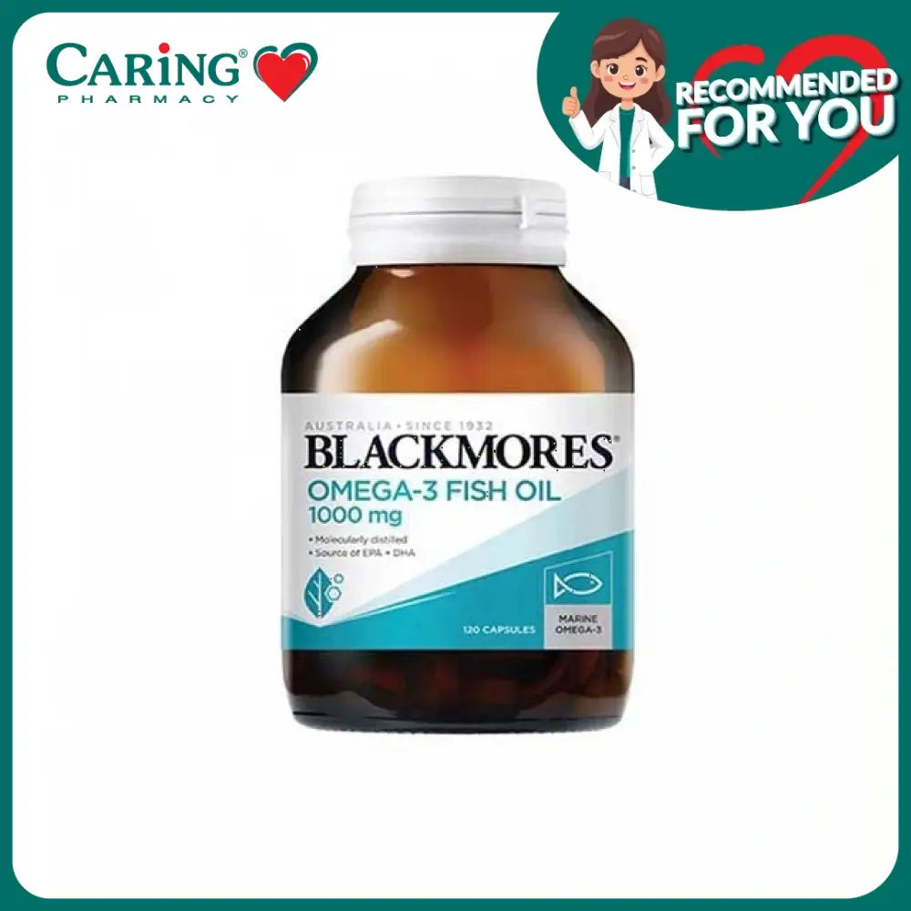 Blackmores Omega-3 Fish Oil 1000mg brown bottle with white cap and label showing 120 capsules